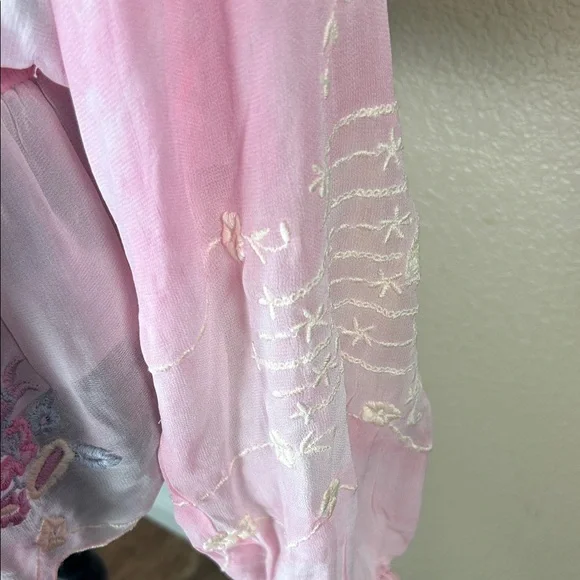 LoveShackFancy Pink Sheer Embroidered Blouse long Billowy Sleeves Size Large - Picture 3 of 10